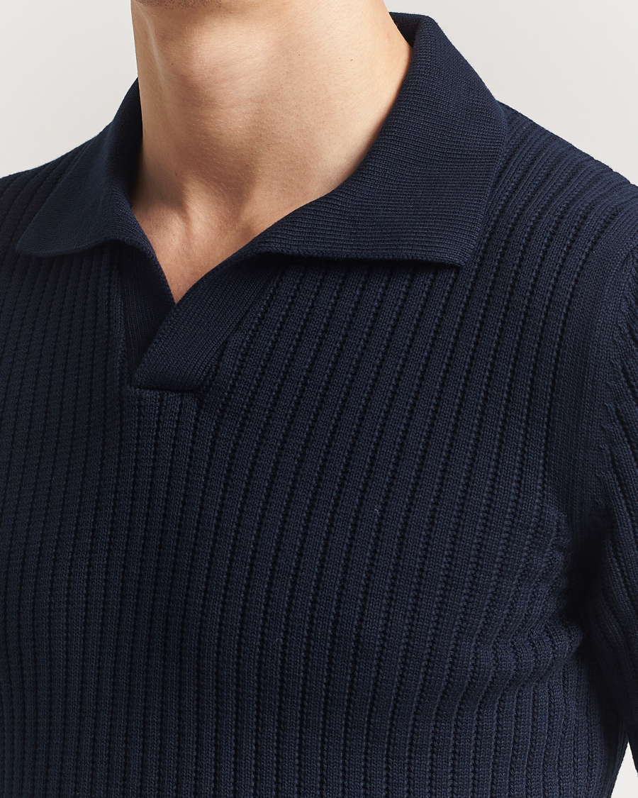Herr | Pikéer | Gran Sasso | Cotton Heavy Knitted Open Collar Polo Navy