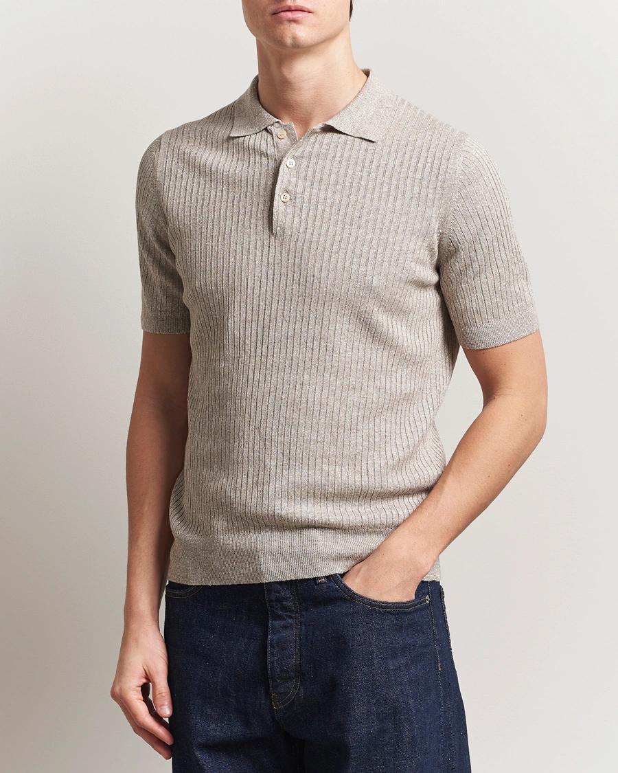 Herr | Pikéer | Gran Sasso | Linen/Cotton Structured Knitted Polo Beige Melange