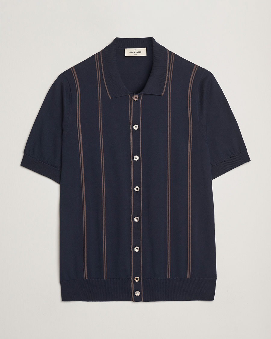 Herr | Skjortor | Gran Sasso | Cotton Knitted Striped Short Sleeve Shirt Navy