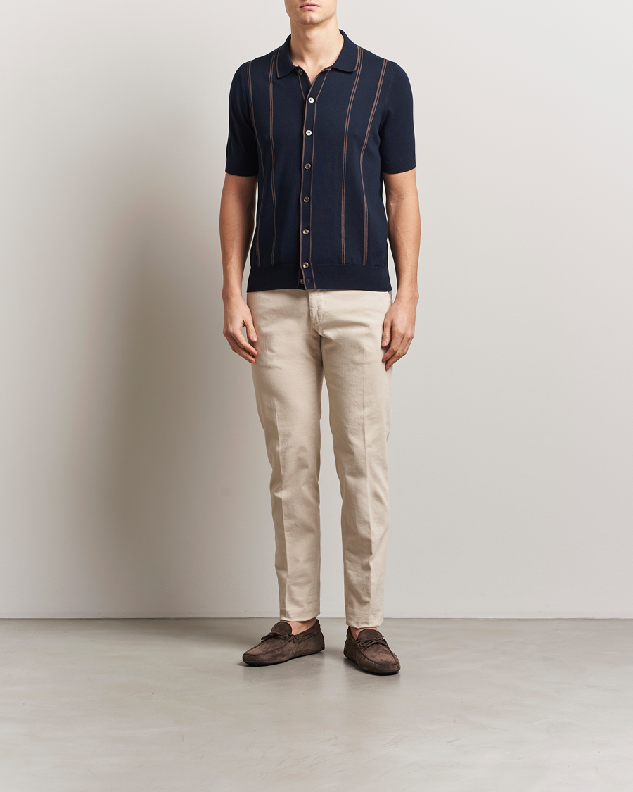 Herr | Skjortor | Gran Sasso | Cotton Knitted Striped Short Sleeve Shirt Navy