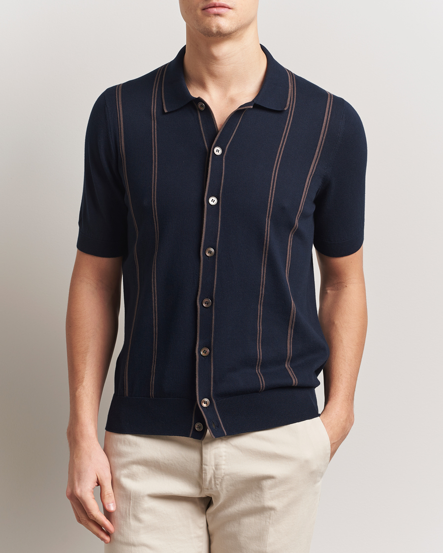 Herr | Skjortor | Gran Sasso | Cotton Knitted Striped Short Sleeve Shirt Navy