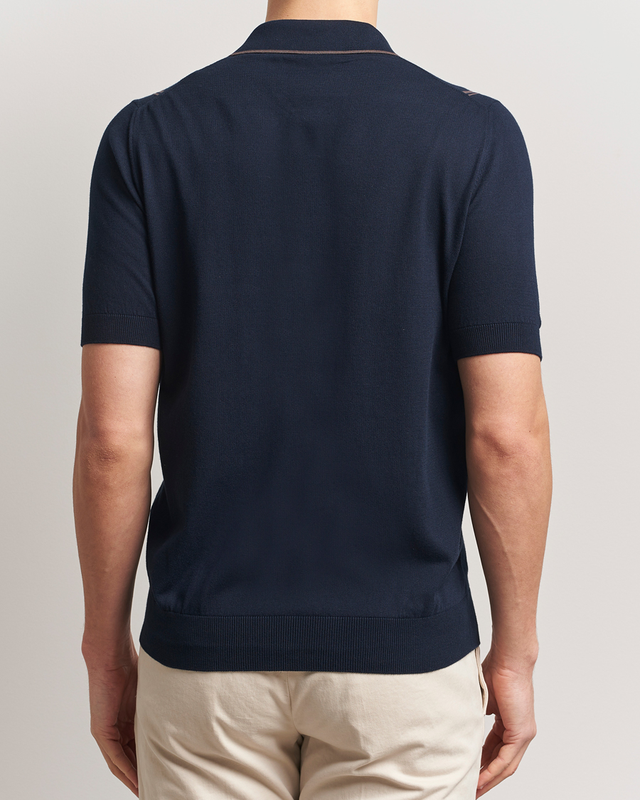 Herr | Skjortor | Gran Sasso | Cotton Knitted Striped Short Sleeve Shirt Navy