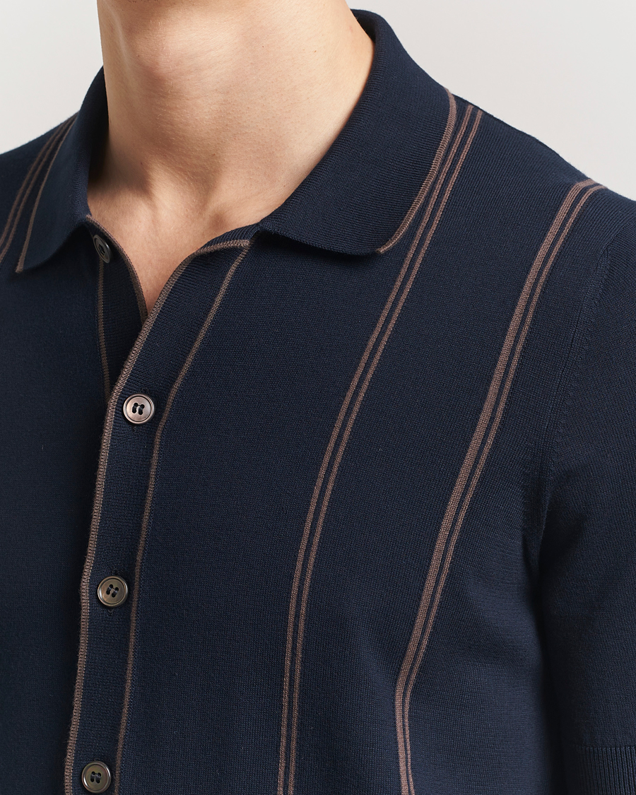 Herr | Skjortor | Gran Sasso | Cotton Knitted Striped Short Sleeve Shirt Navy