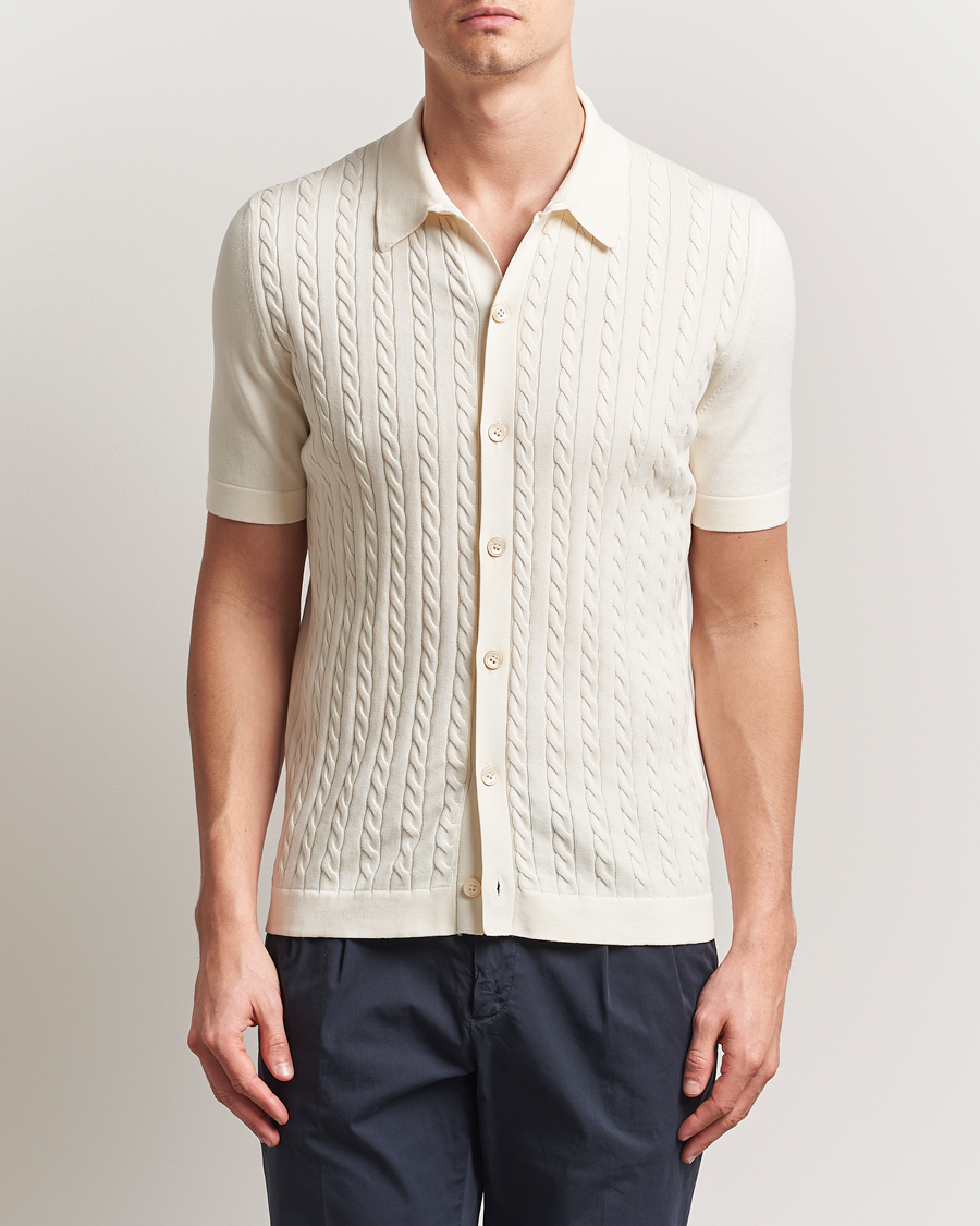 Herr | Skjortor | Gran Sasso | Cotton Cable Knitted Short Sleeve Shirt Cream