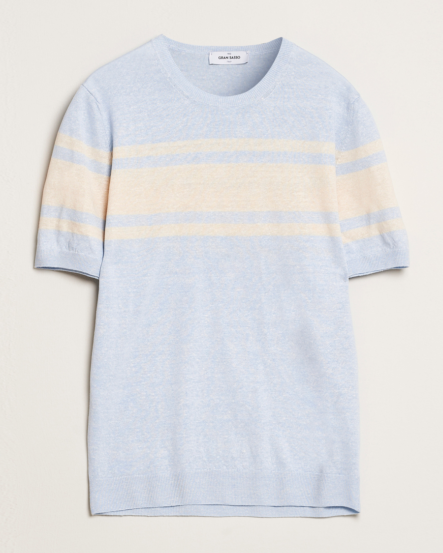 Herr | T-Shirts | Gran Sasso | Linen/Cotton Striped Crew Neck T-Shirt Light Blue