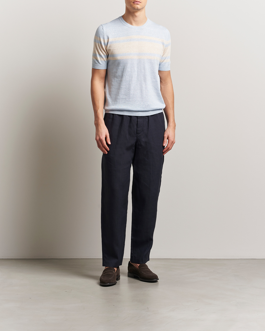 Herr | T-Shirts | Gran Sasso | Linen/Cotton Striped Crew Neck T-Shirt Light Blue