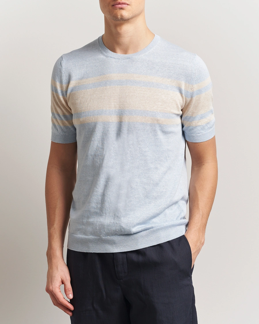 Herr | T-Shirts | Gran Sasso | Linen/Cotton Striped Crew Neck T-Shirt Light Blue