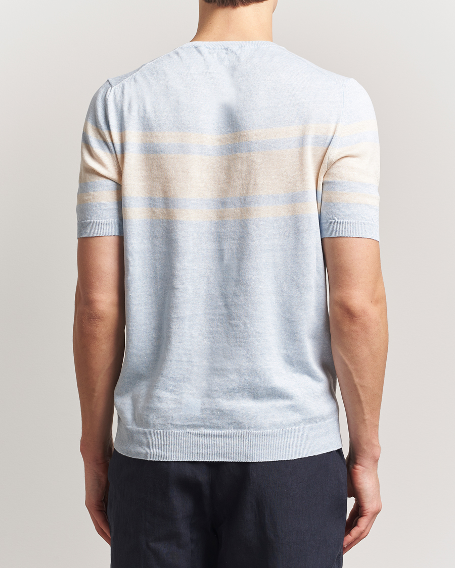 Herr | T-Shirts | Gran Sasso | Linen/Cotton Striped Crew Neck T-Shirt Light Blue