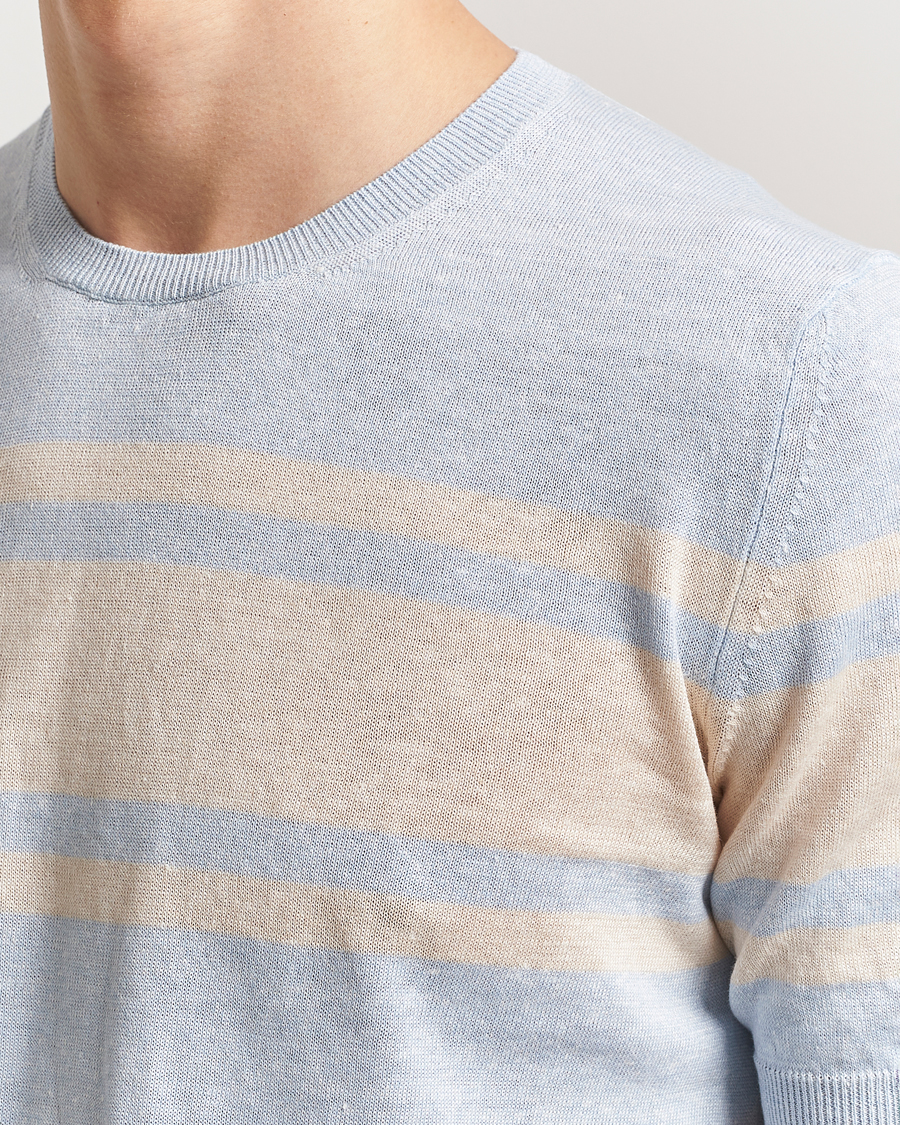 Herr | T-Shirts | Gran Sasso | Linen/Cotton Striped Crew Neck T-Shirt Light Blue