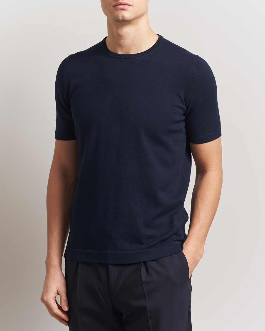 Herr | T-Shirts | Gran Sasso | Cotton Knitted Crew Neck T-Shirt Navy