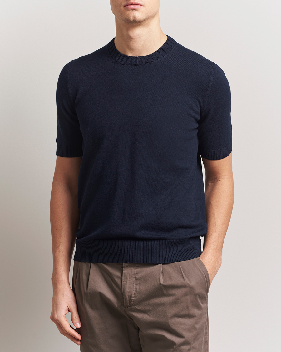 Herr | T-Shirts | Gran Sasso | Cotton Heavy Knitted Crew Neck T-Shirt Navy