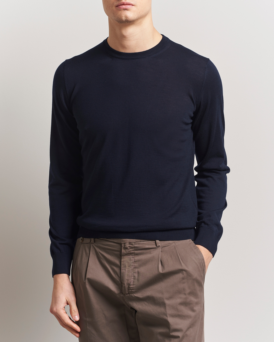 Herr | Tröjor | Piacenza Cashmere | Merino Wool Crew Neck Sweater Navy