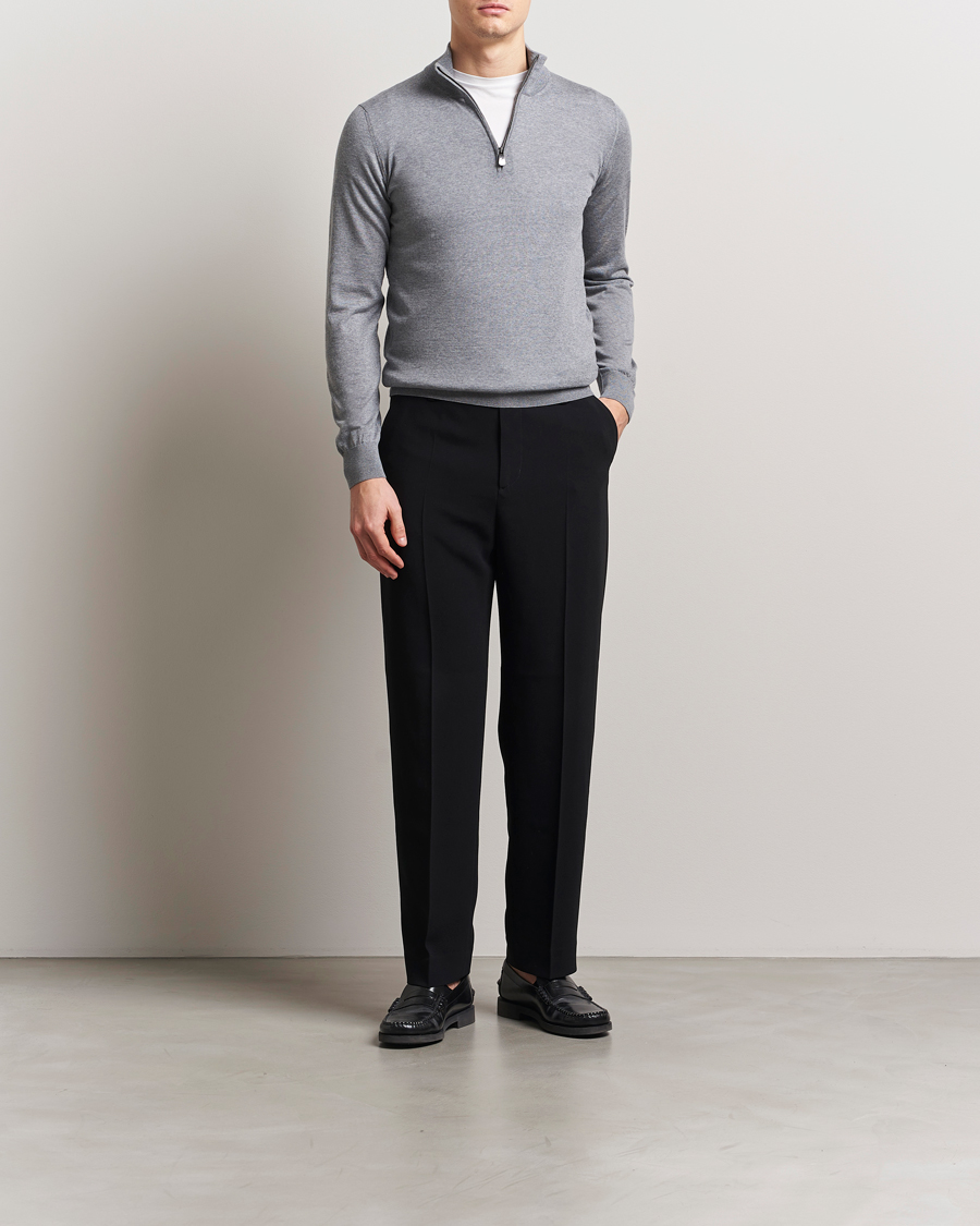 Herr | Tröjor | Piacenza Cashmere | Merino Wool Crew Neck Half Zip Light Grey