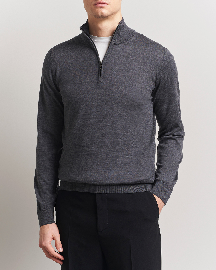 Herr | Tröjor | Piacenza Cashmere | Merino Wool Crew Neck Half Zip Charcoal