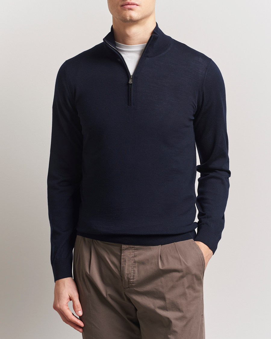 Herr | Tröjor | Piacenza Cashmere | Merino Wool Crew Neck Half Zip Navy