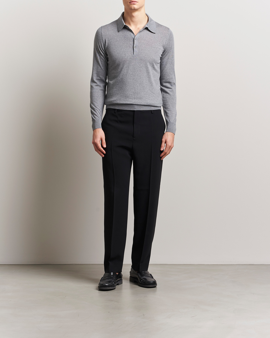 Herr | Tröjor | Piacenza Cashmere | Merino Wool Long Sleeve Polo Light Grey