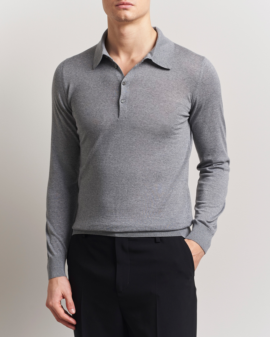 Herr | Tröjor | Piacenza Cashmere | Merino Wool Long Sleeve Polo Light Grey
