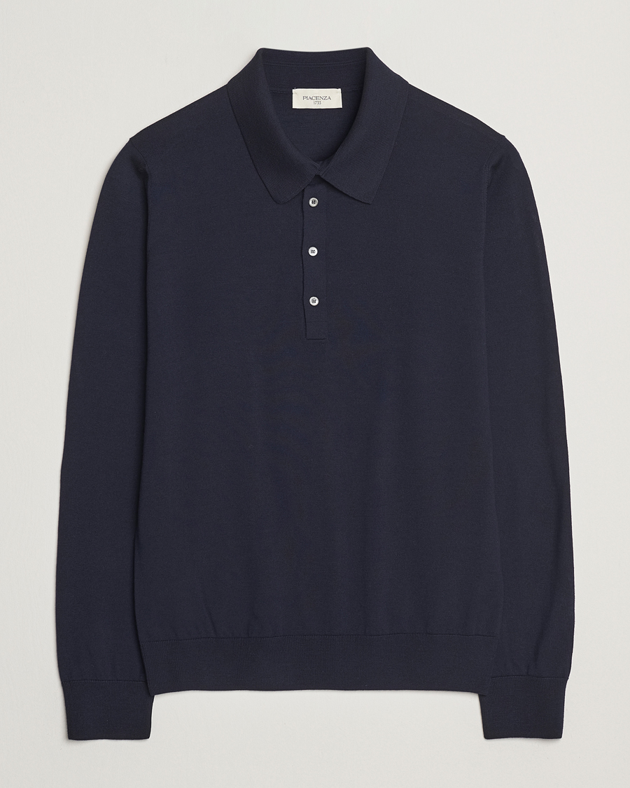 Herr | Tröjor | Piacenza Cashmere | Merino Wool Long Sleeve Polo Navy