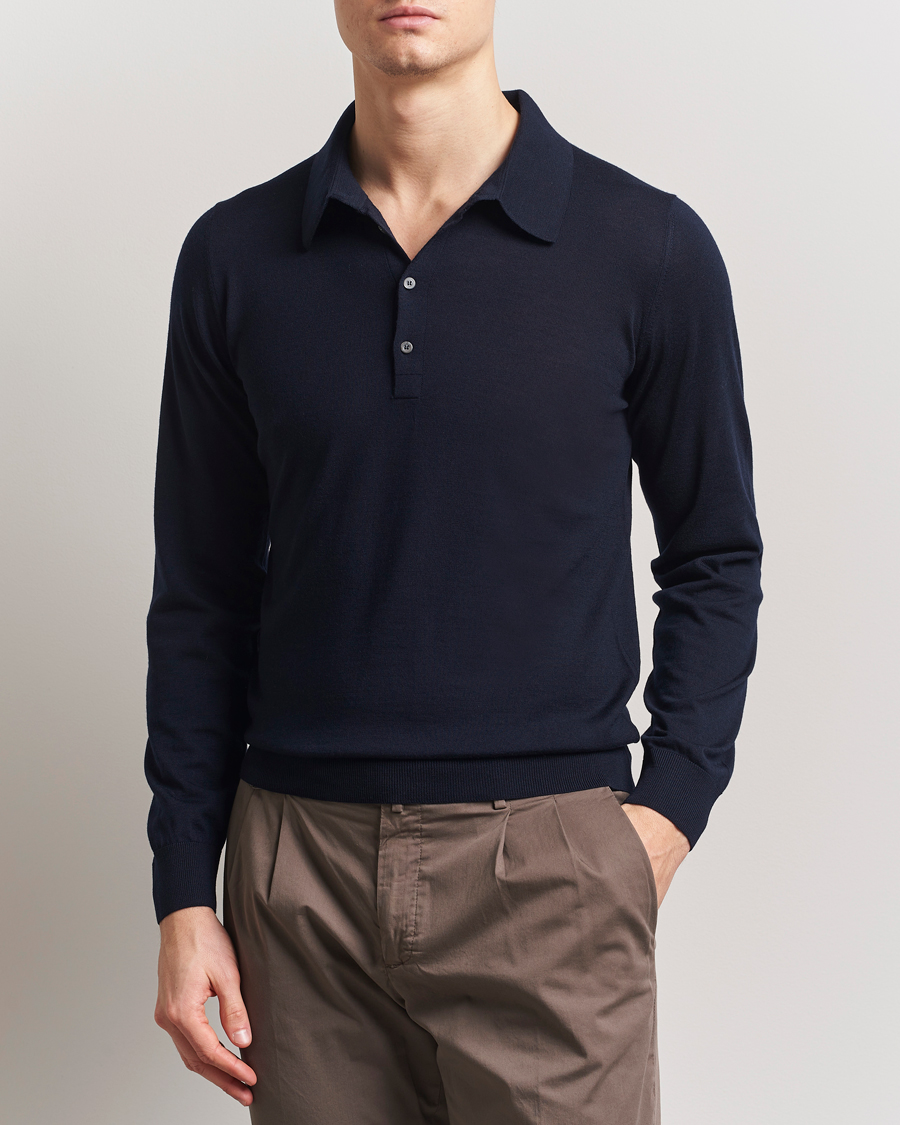 Herr | Tröjor | Piacenza Cashmere | Merino Wool Long Sleeve Polo Navy