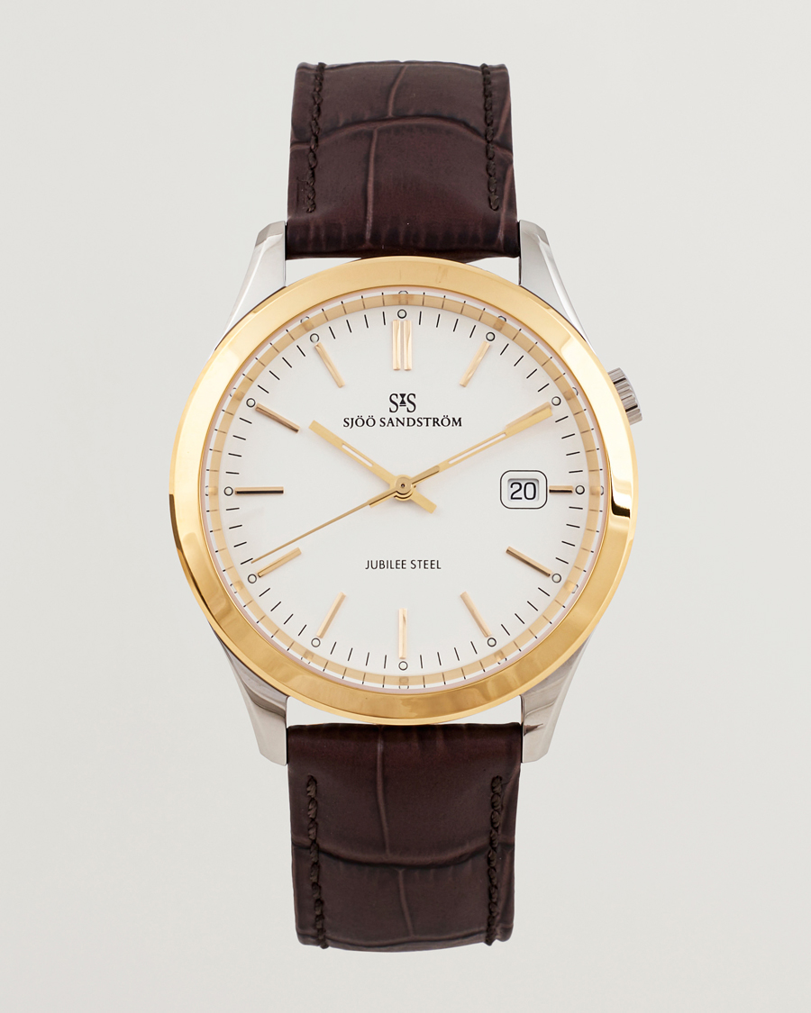 Herr | Sjöö Sandström Jubilee Steel Quartz 40mm Gold Bezel White/Brown Calf | Sjöö Sandström | Jubilee Steel Quartz 40mm Gold Bezel White/Brown Calf