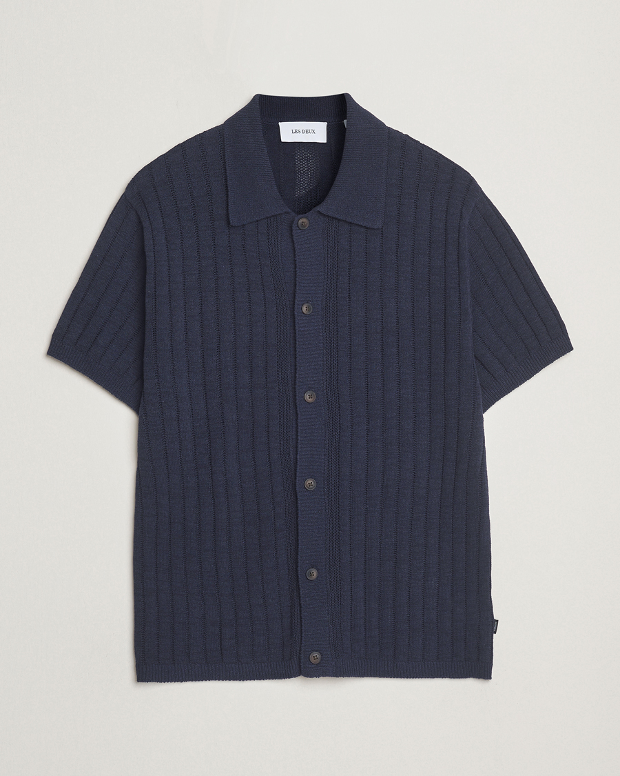 Herr | Skjortor | LES DEUX | Floyd Knitted Linen Short Sleeve Shirt Dark Navy