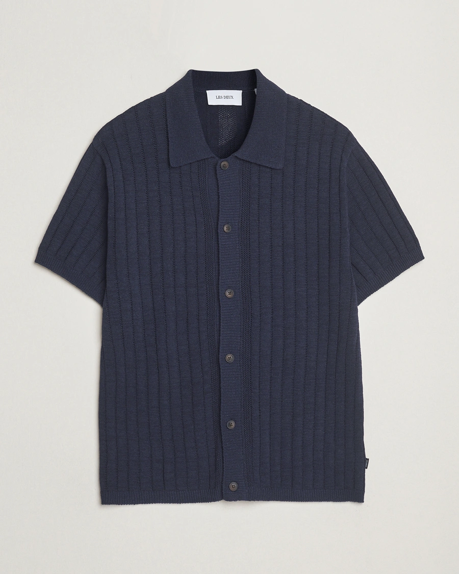 Herr | Skjortor | LES DEUX | Floyd Knitted Linen Short Sleeve Shirt Dark Navy