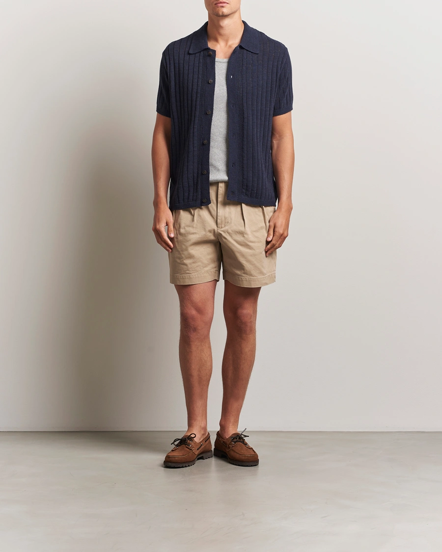 Herr | Skjortor | LES DEUX | Floyd Knitted Linen Short Sleeve Shirt Dark Navy