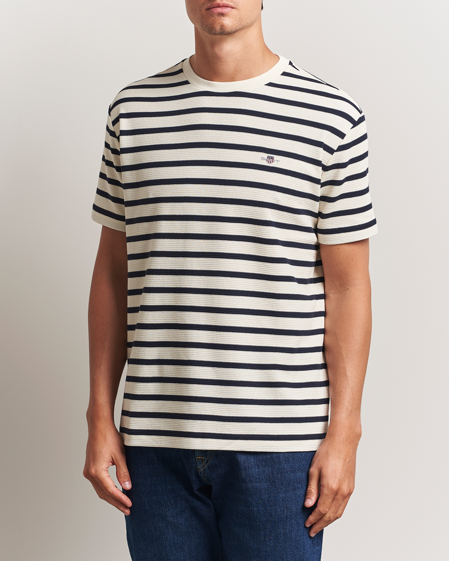 Herr | T-Shirts | GANT | Waffle Textured Striped T-Shirt Cream