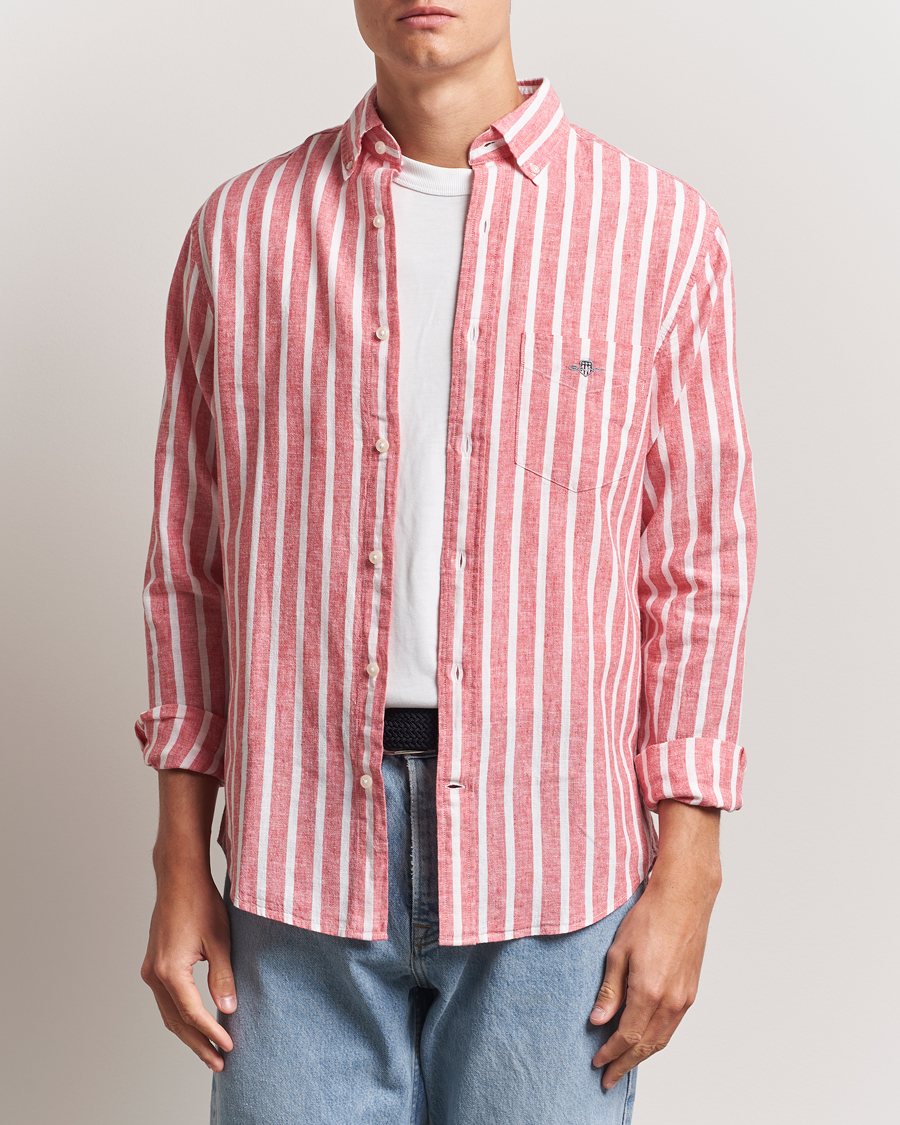 Herr | Skjortor | GANT | Regular Fit Cotton/Linen Striped Shirt Watermelon Red