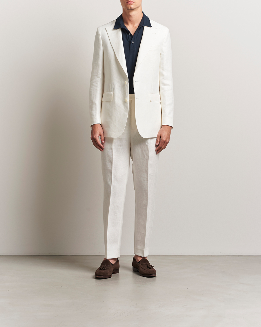 Herr | Byxor | Oscar Jacobson | Delon Diagonal Linen/Tencel Trousers White