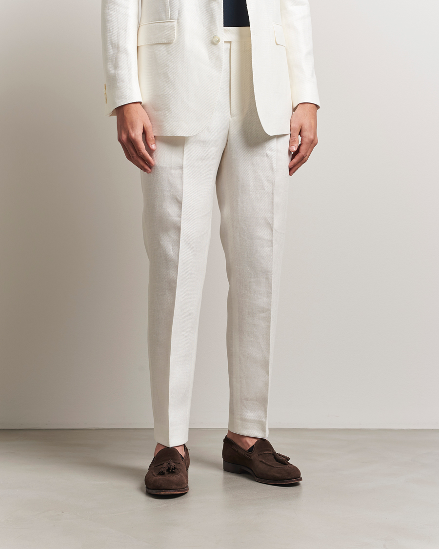 Herr | Byxor | Oscar Jacobson | Delon Diagonal Linen/Tencel Trousers White
