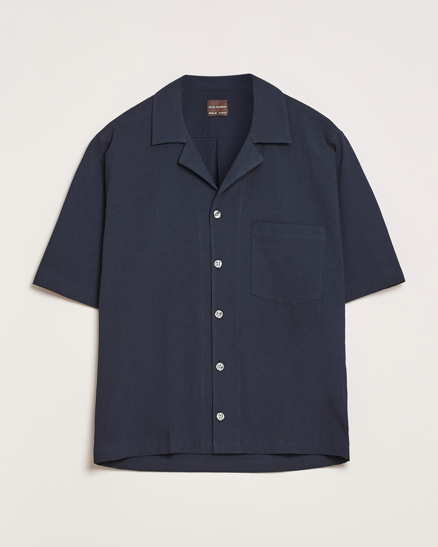 Herr | Skjortor | Oscar Jacobson | Reg Fit Cuba Seersucker Shirt Navy