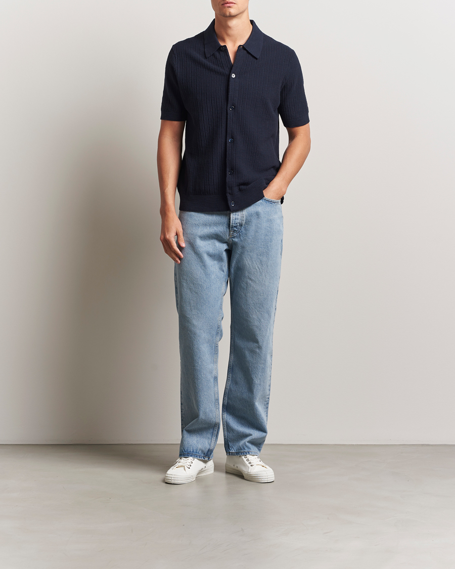 Herr | Skjortor | NN07 | Nolan Knitted Short Sleeve Shirt Navy Blue