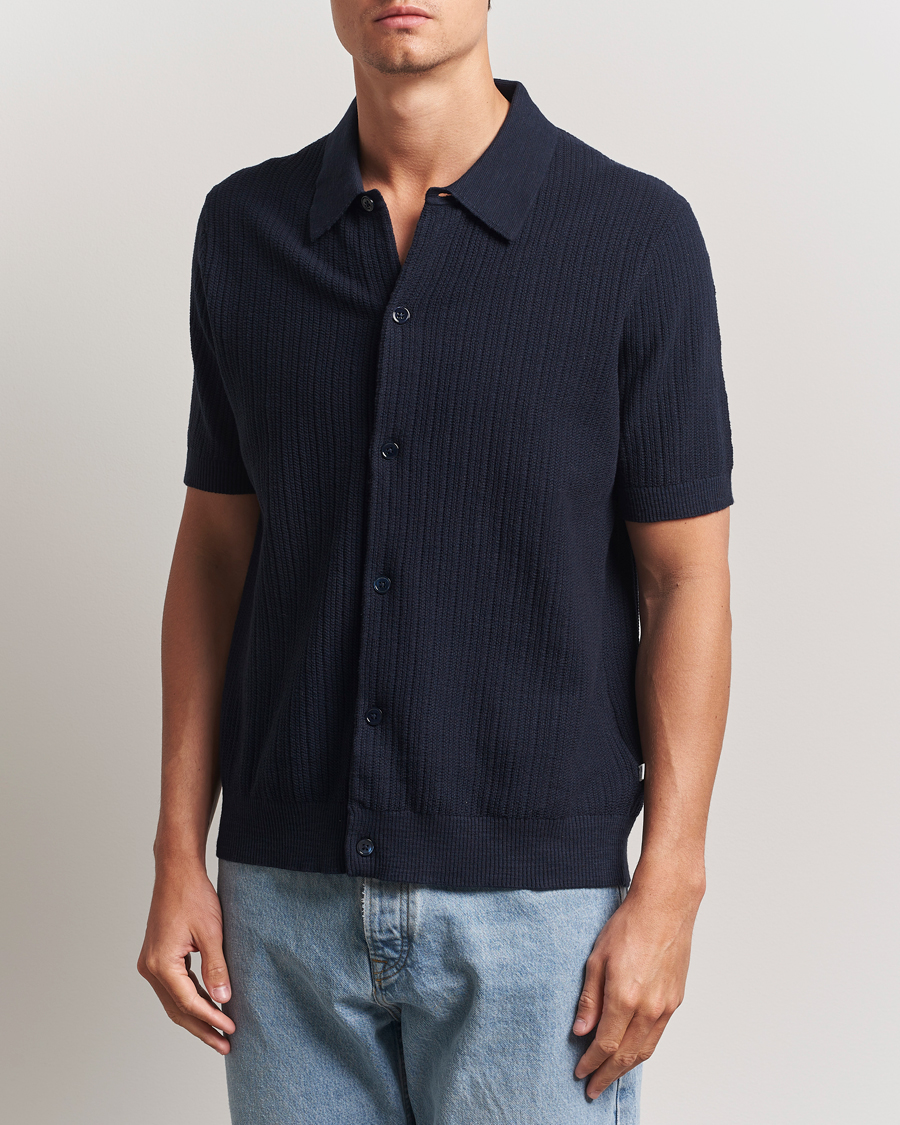 Herr | Skjortor | NN07 | Nolan Knitted Short Sleeve Shirt Navy Blue
