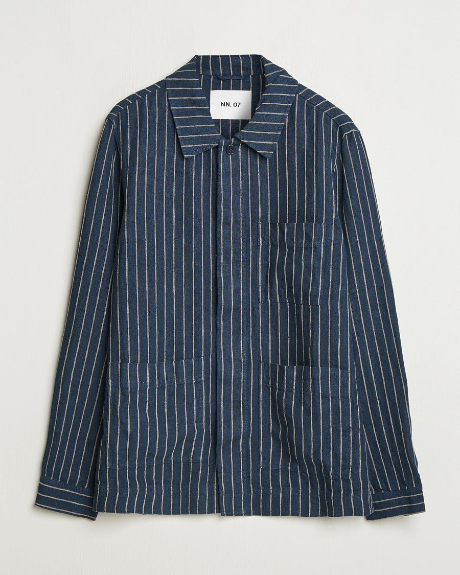 Herr | Skjortor | NN07 | Olav Linen Pinstriped Overshirt Navy Blue