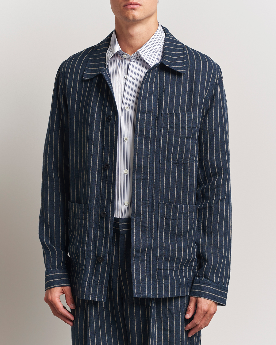 Herr | Skjortor | NN07 | Olav Linen Pinstriped Overshirt Navy Blue