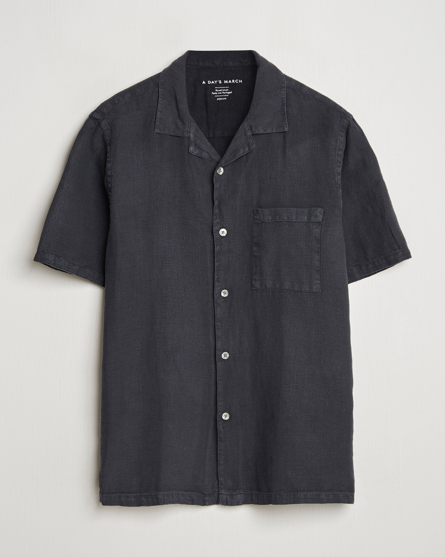 Herr | Skjortor | A Day's March | Yamu Linen Short Sleeve Shirt Off Black