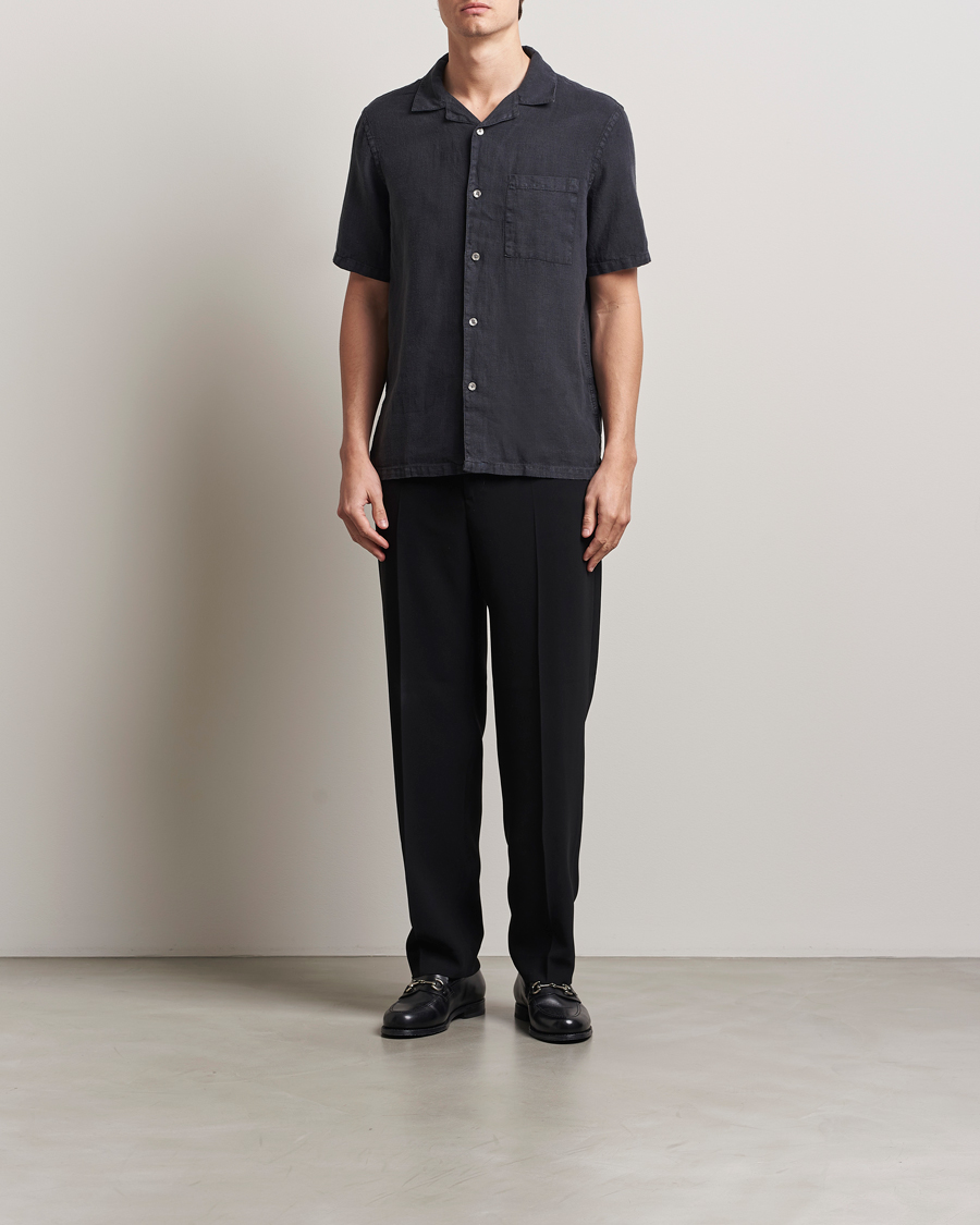 Herr | Skjortor | A Day's March | Yamu Linen Short Sleeve Shirt Off Black