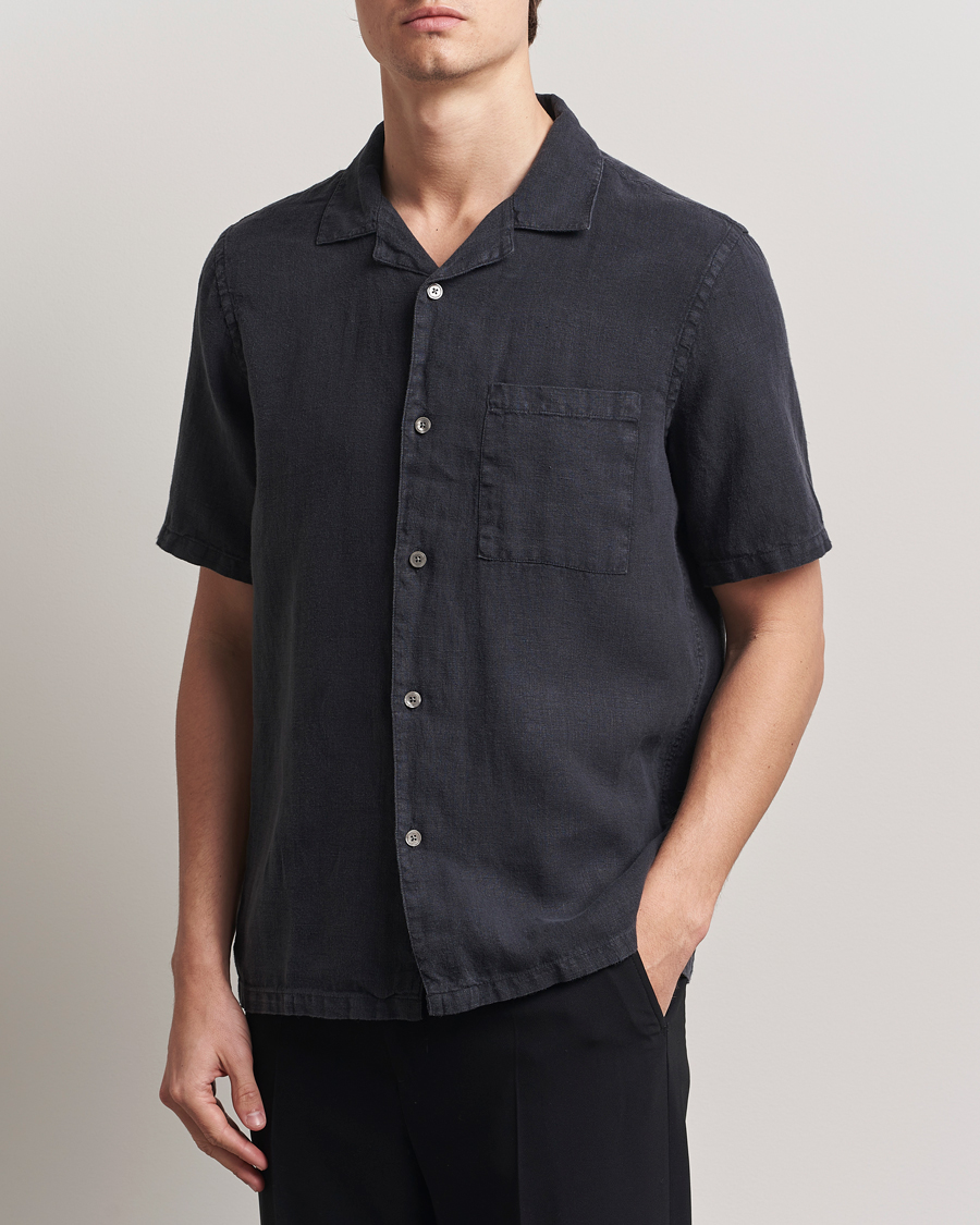 Herr | Skjortor | A Day's March | Yamu Linen Short Sleeve Shirt Off Black
