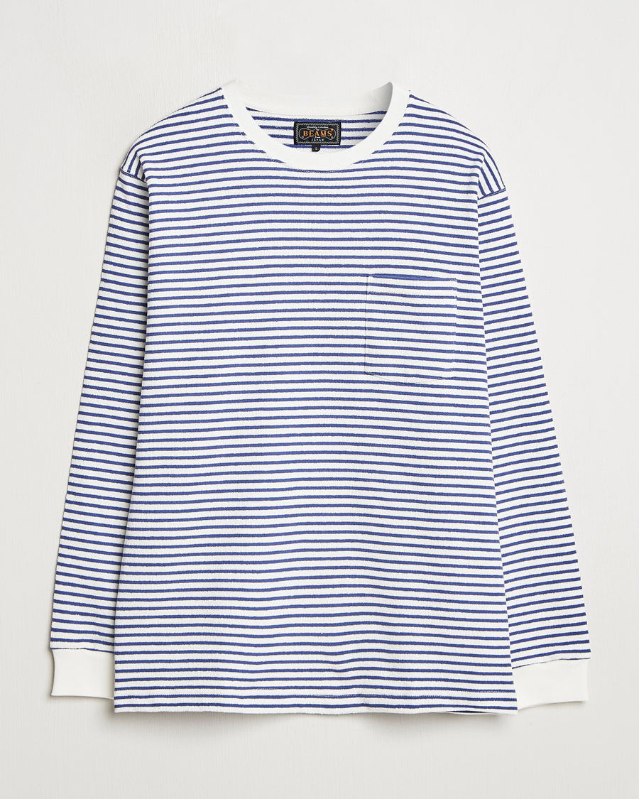Herr | T-Shirts | BEAMS PLUS | Long Sleeve Striped Pocket T-Shirt White/Blue