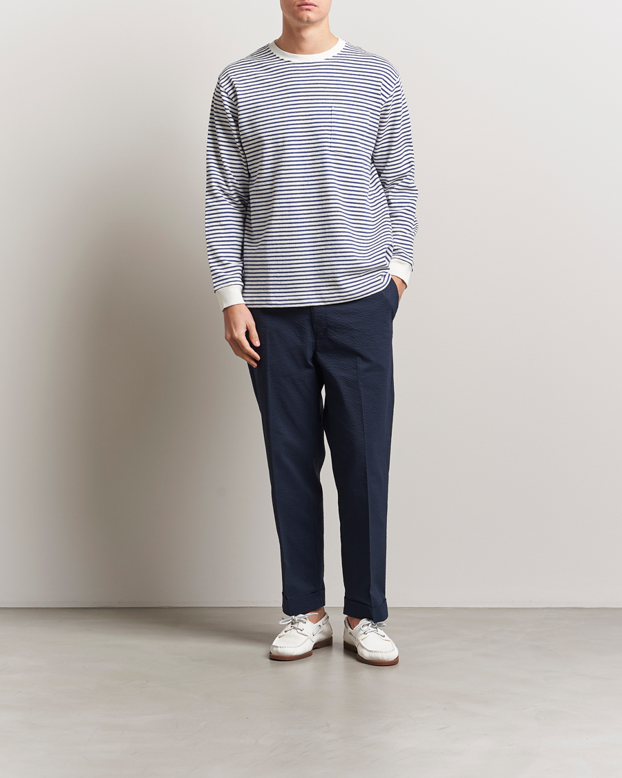 Herr | T-Shirts | BEAMS PLUS | Long Sleeve Striped Pocket T-Shirt White/Blue