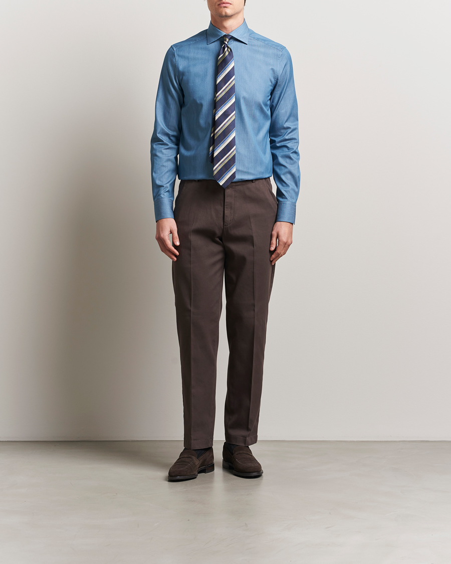 Herr | Skjortor | Stenströms | 1899 Slim Twofold Cotton Denim Shirt Mid Blue