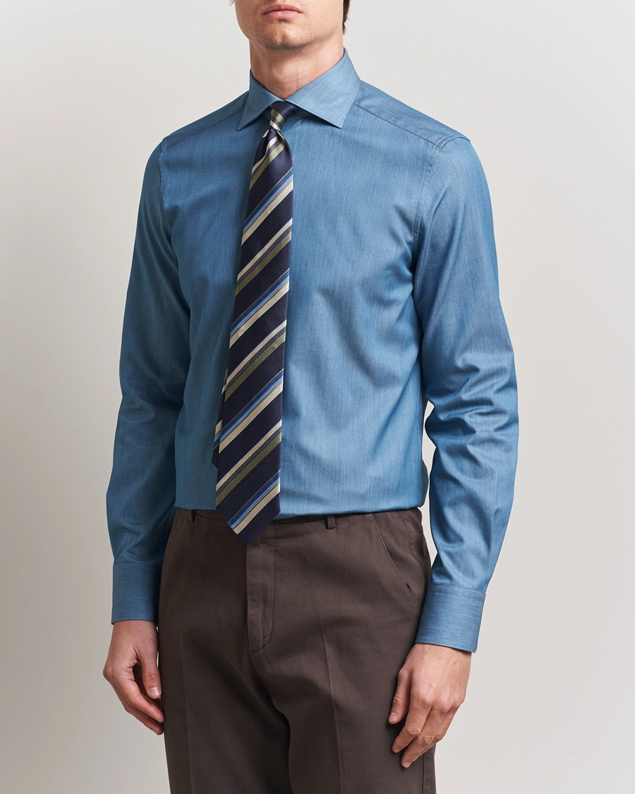 Herr | Skjortor | Stenströms | 1899 Slim Twofold Cotton Denim Shirt Mid Blue