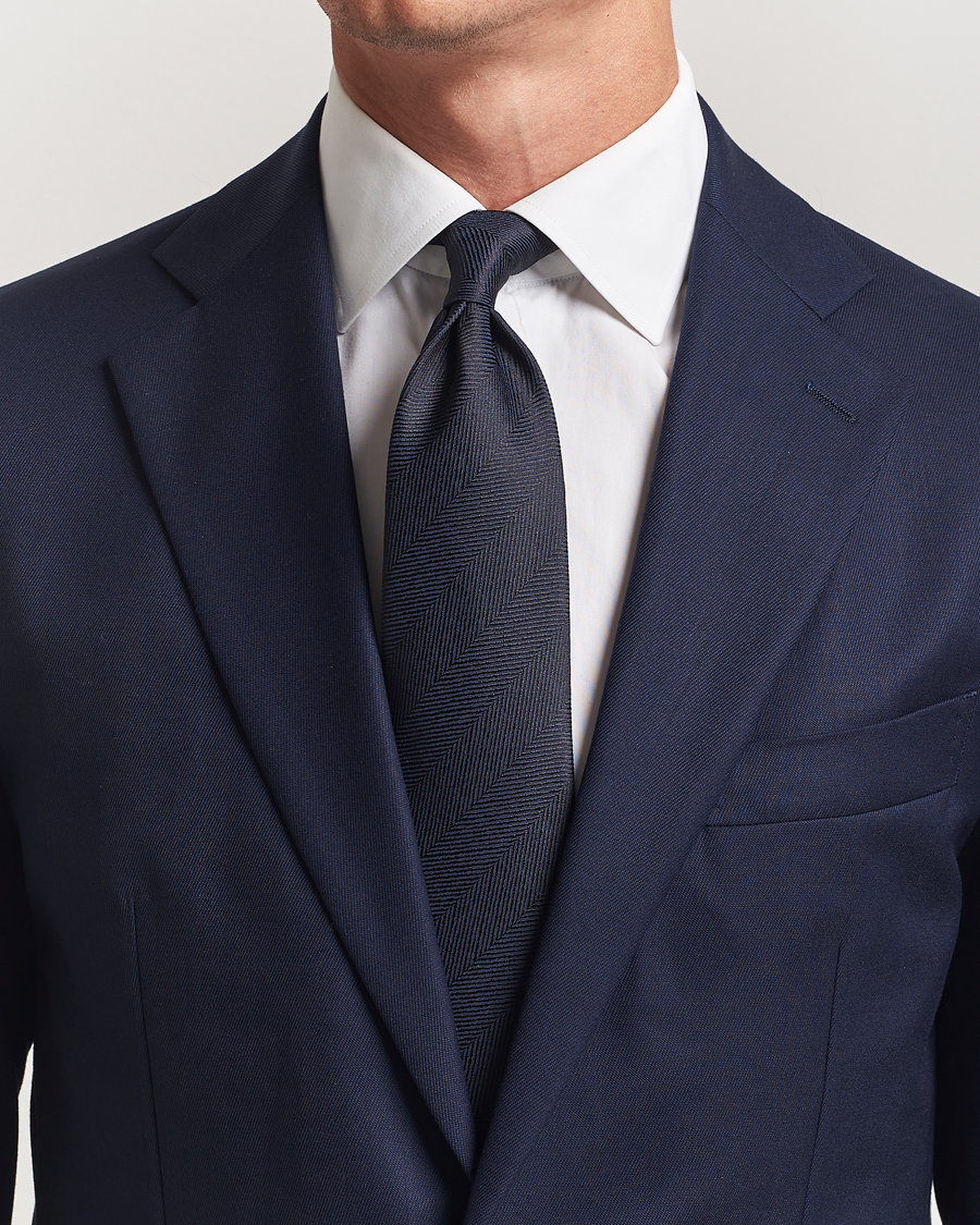 Herr | Slipsar | Brioni | Herringbone Silk Tie Navy