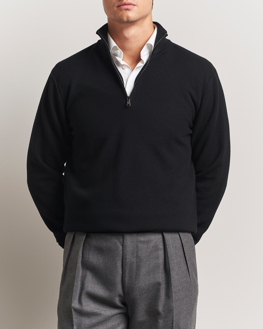 Herr | Tröjor | Ralph Lauren Purple Label | Wool Pique Half Zip Polo Black