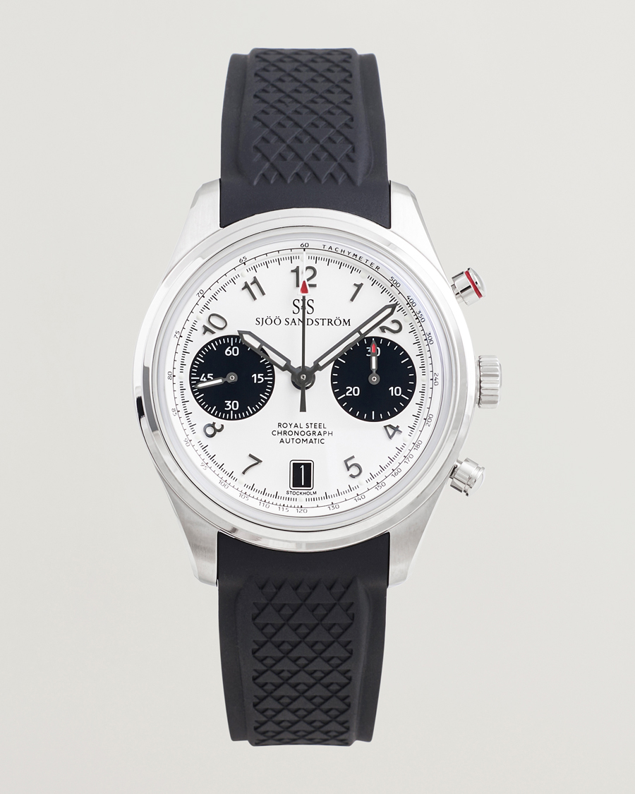 Herr | Sjöö Sandström Royal Steel Chronograph 40mm Black Rubber White Dial | Sjöö Sandström | Royal Steel Chronograph 40mm Black Rubber White Dial