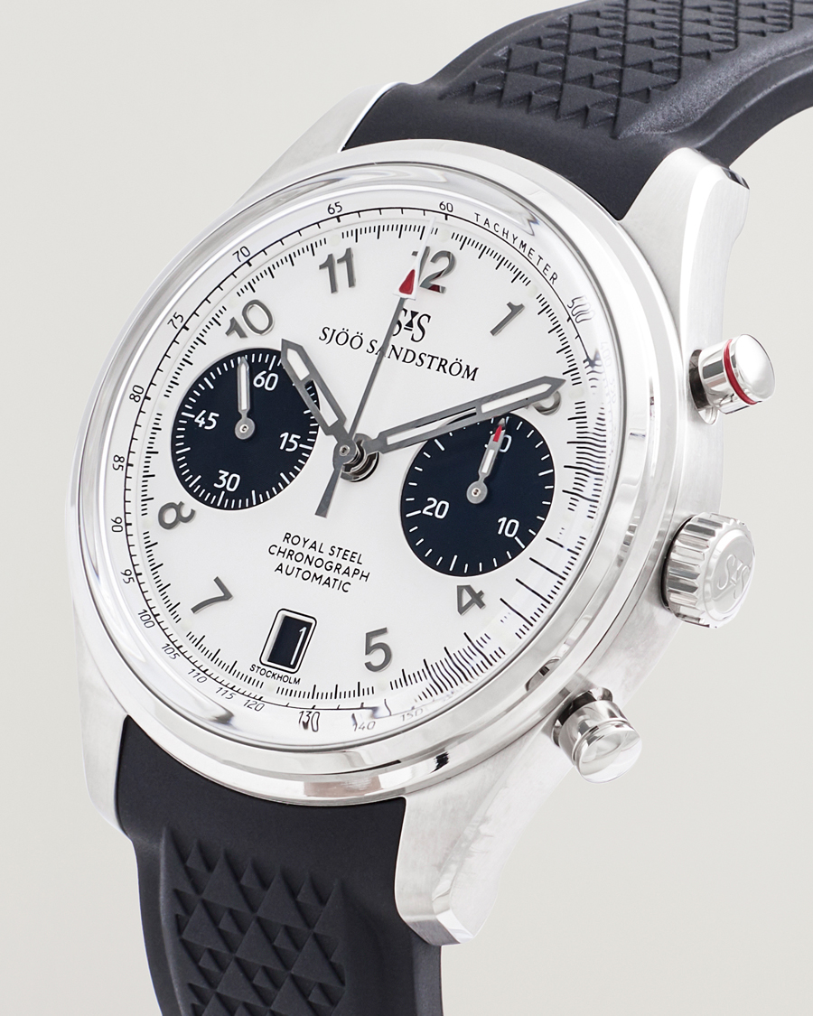Herr | Sjöö Sandström Royal Steel Chronograph 40mm Black Rubber White Dial | Sjöö Sandström | Royal Steel Chronograph 40mm Black Rubber White Dial
