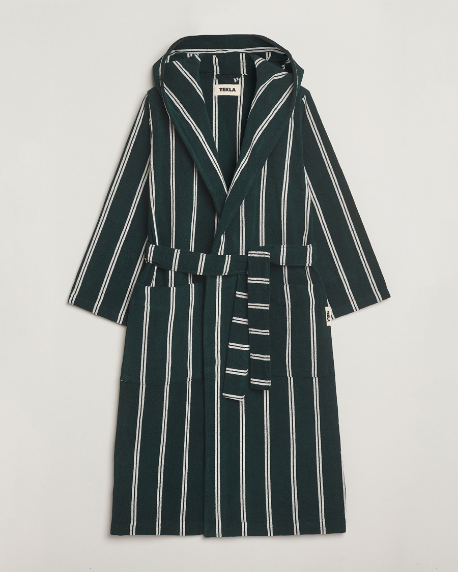 Herr | Pyjamas & Morgonrockar | Tekla | Organic Terry Hooded Bathrobe Forest Green Stripes