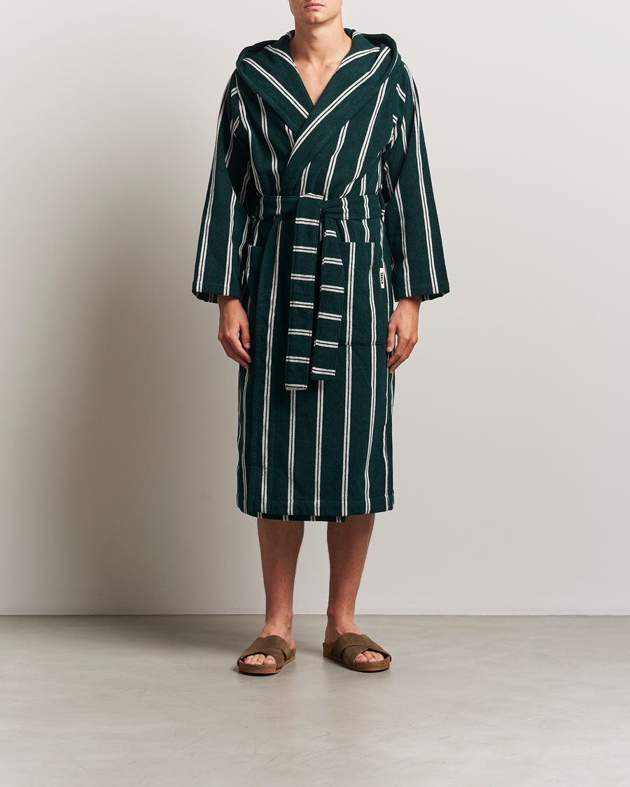 Herr | Pyjamas & Morgonrockar | Tekla | Organic Terry Hooded Bathrobe Forest Green Stripes