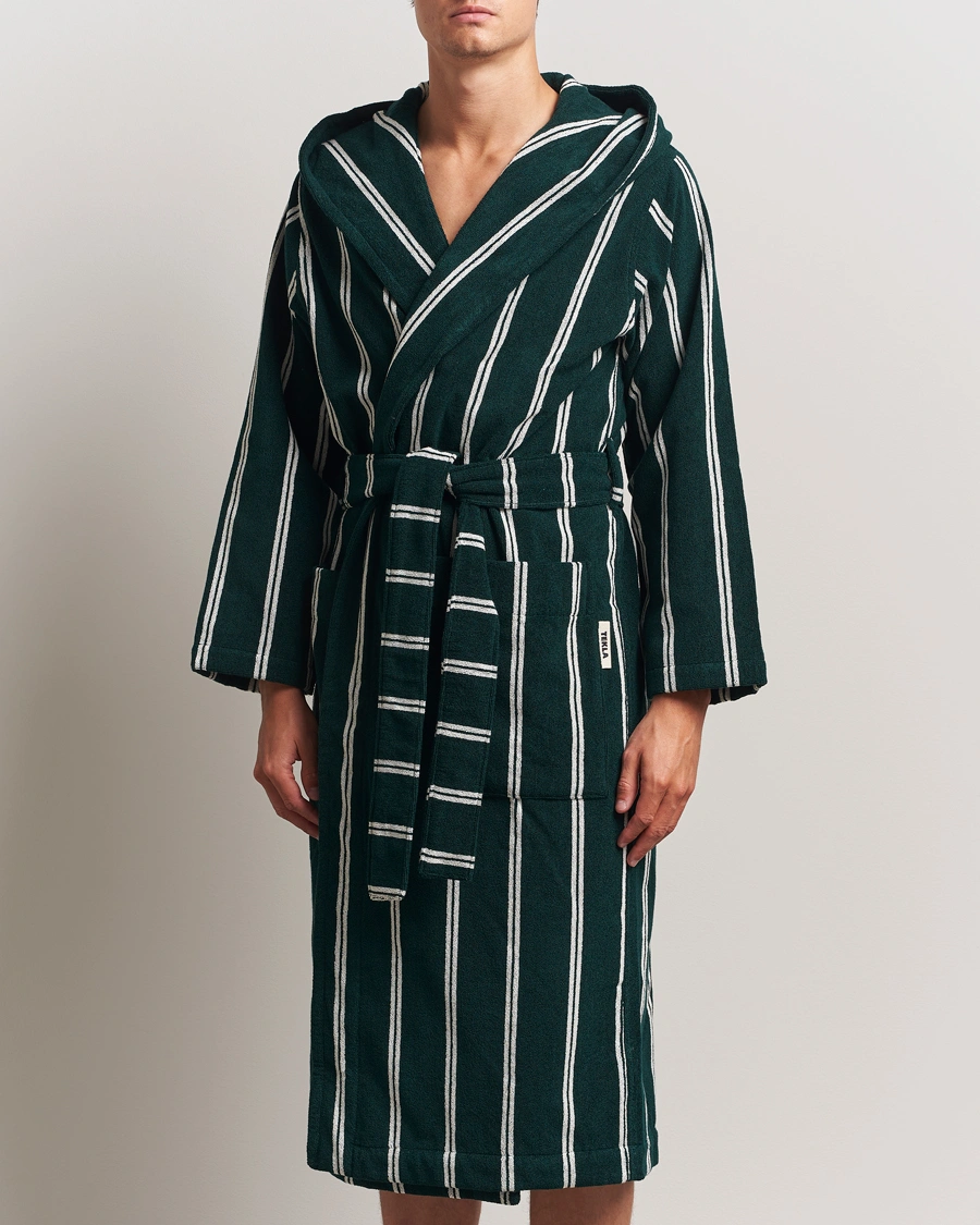 Herr | Pyjamas & Morgonrockar | Tekla | Organic Terry Hooded Bathrobe Forest Green Stripes